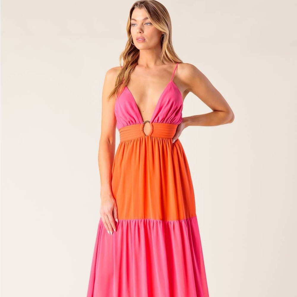 Flying Tomato Pink and Orange Colorblock Maxi Dress with Ring Waist
